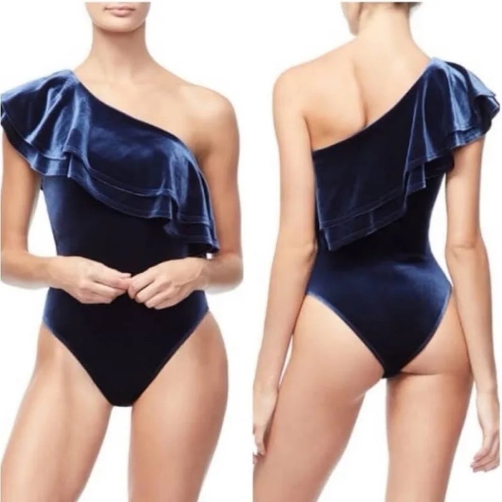 NWT Good American Navy Velvet Ruffle Bodysuit - Size 2
